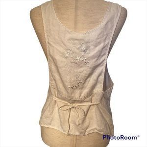 WHITEWASH VEST TOP CREAM LINEN FLORAL SIZE L OPEN FRONT POCKETS BOHEMIAN